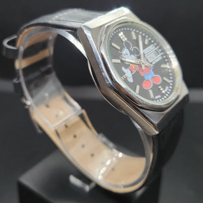 Vintage 1978 Original Seiko 5 Automatic 6309-8170 Repainted Mickey Mouse Black Face 17 Jewels Day-Date Japanese Men's Wrist Watch VS33