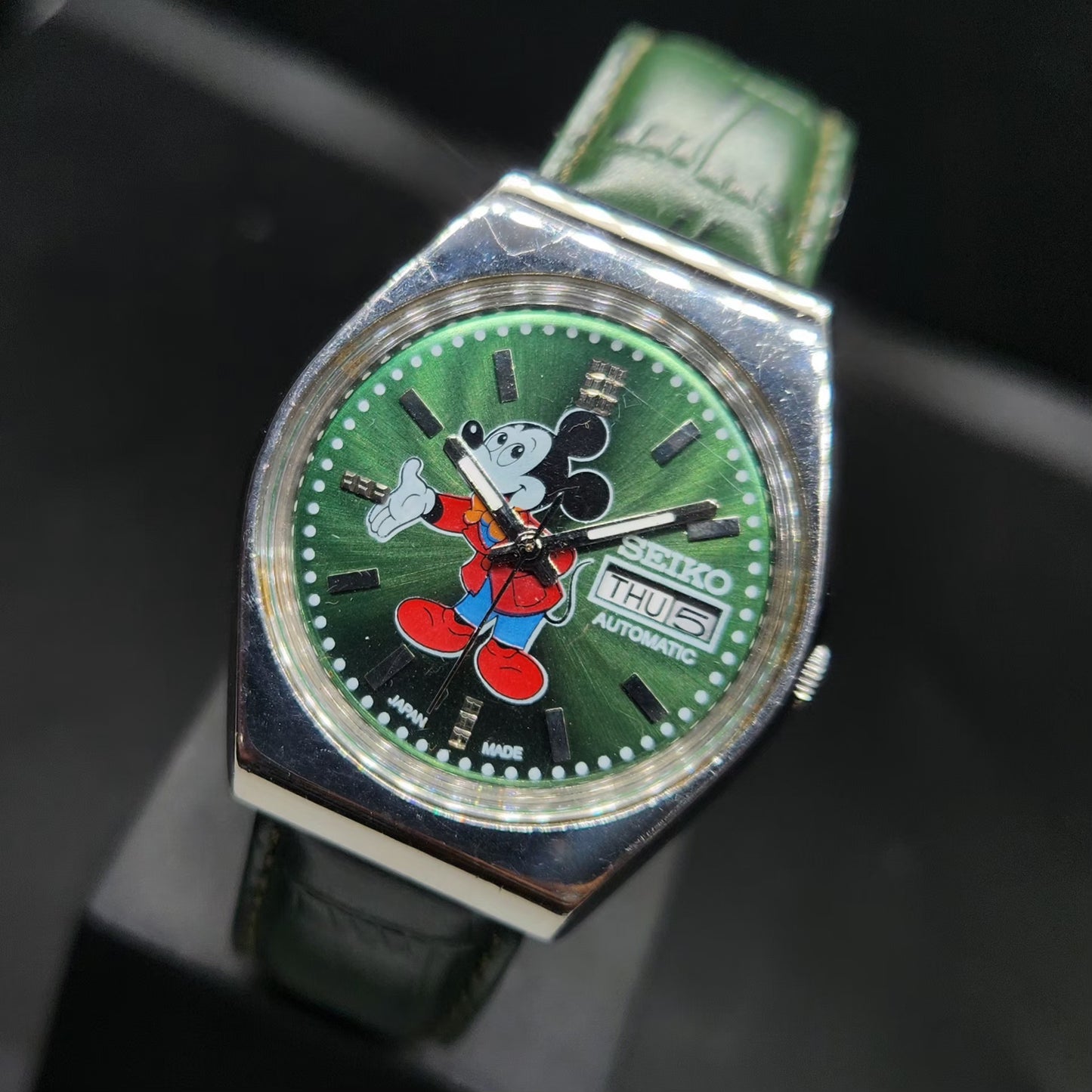 Vintage 1977 Original Seiko 5 Automatic 6319-8000 Repainted Mickey Mouse Green Face Day-Date Japanese Men's Wrist Watch VS34