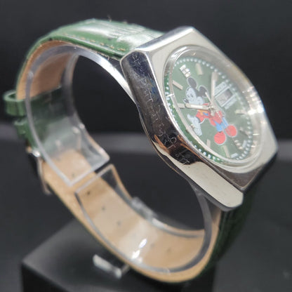 Vintage 1977 Original Seiko 5 Automatic 6319-8000 Repainted Mickey Mouse Green Face Day-Date Japanese Men's Wrist Watch VS34