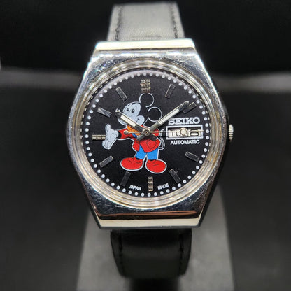 Vintage 1978 Original Seiko 5 Automatic 6309-8170 Repainted Mickey Mouse Black Face 17 Jewels Day-Date Japanese Men's Wrist Watch VS35