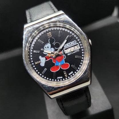 Vintage 1978 Original Seiko 5 Automatic 6309-8170 Repainted Mickey Mouse Black Face 17 Jewels Day-Date Japanese Men's Wrist Watch VS35