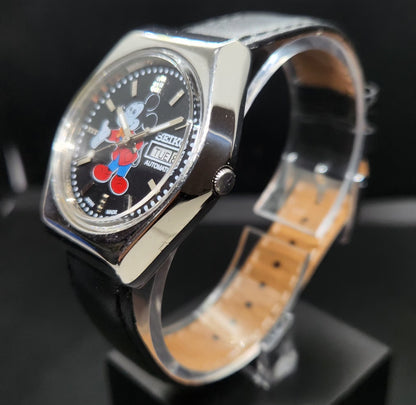 Vintage 1978 Original Seiko 5 Automatic 6309-8170 Repainted Mickey Mouse Black Face 17 Jewels Day-Date Japanese Men's Wrist Watch VS35
