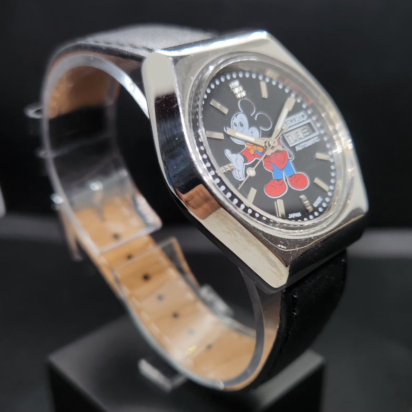 Vintage 1978 Original Seiko 5 Automatic 6309-8170 Repainted Mickey Mouse Black Face 17 Jewels Day-Date Japanese Men's Wrist Watch VS35