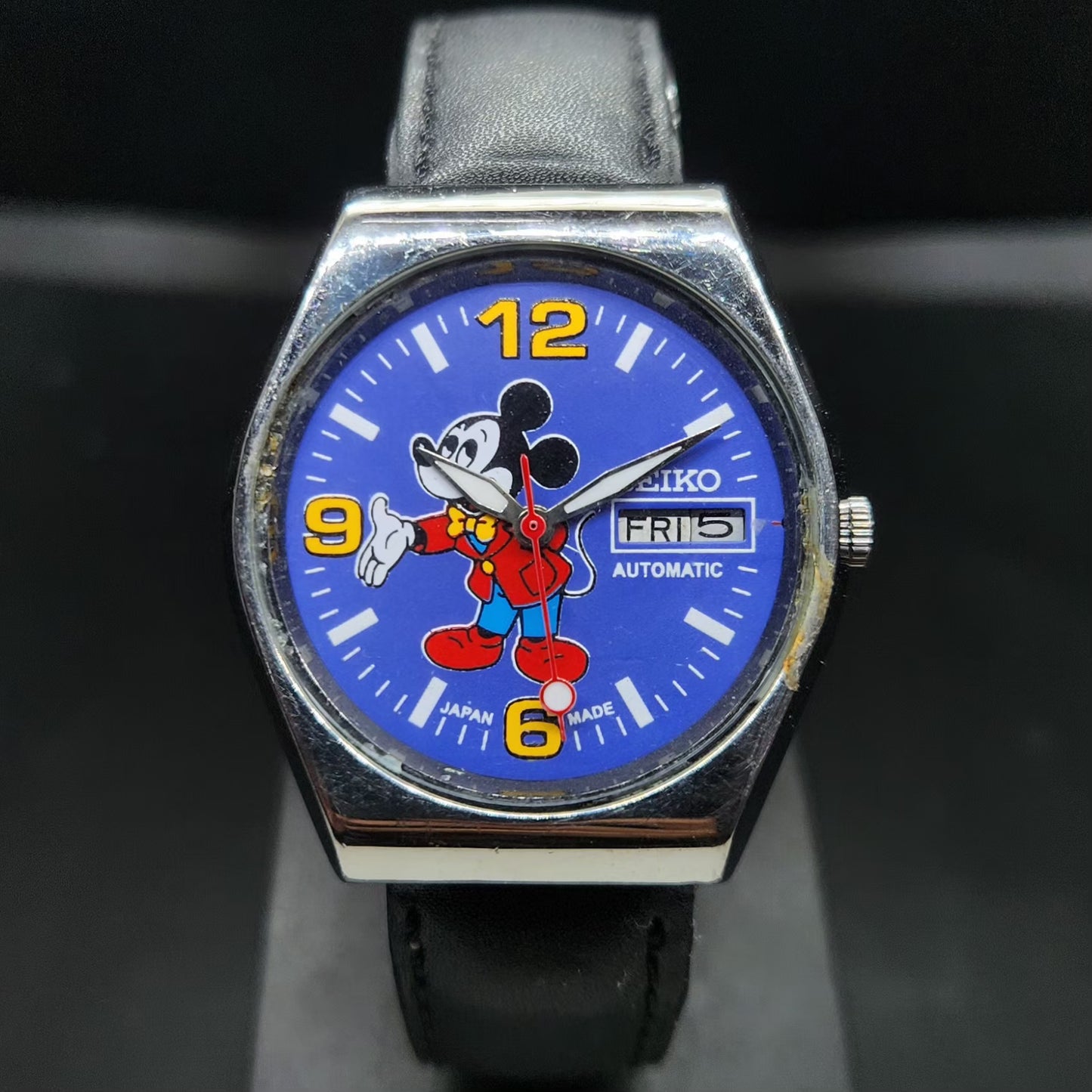 Vintage 1982 Original Seiko 5 Automatic 6309-563A Repainted Mickey Mouse Purple Face 17 Jewels Day-Date Japanese Men's Wrist Watch VS36
