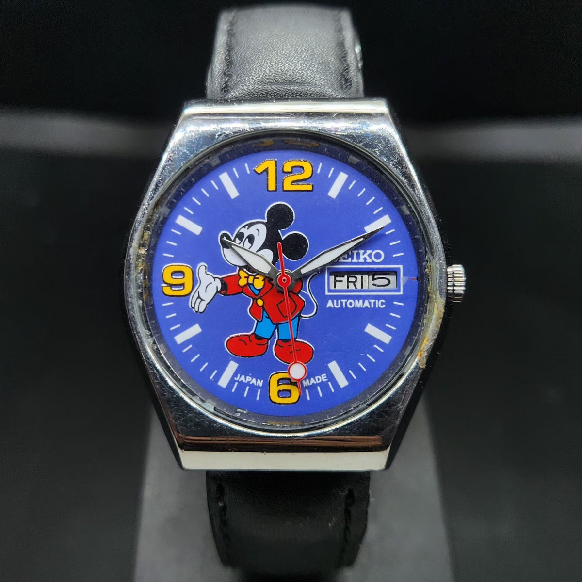 Vintage 1982 Original Seiko 5 Automatic 6309-563A Repainted Mickey Mouse Purple Face 17 Jewels Day-Date Japanese Men's Wrist Watch VS36