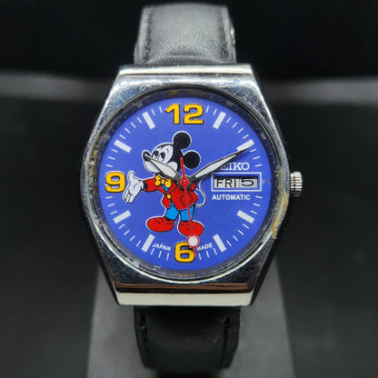 Vintage 1982 Original Seiko 5 Automatic 6309-563A Repainted Mickey Mouse Purple Face 17 Jewels Day-Date Japanese Men's Wrist Watch VS36