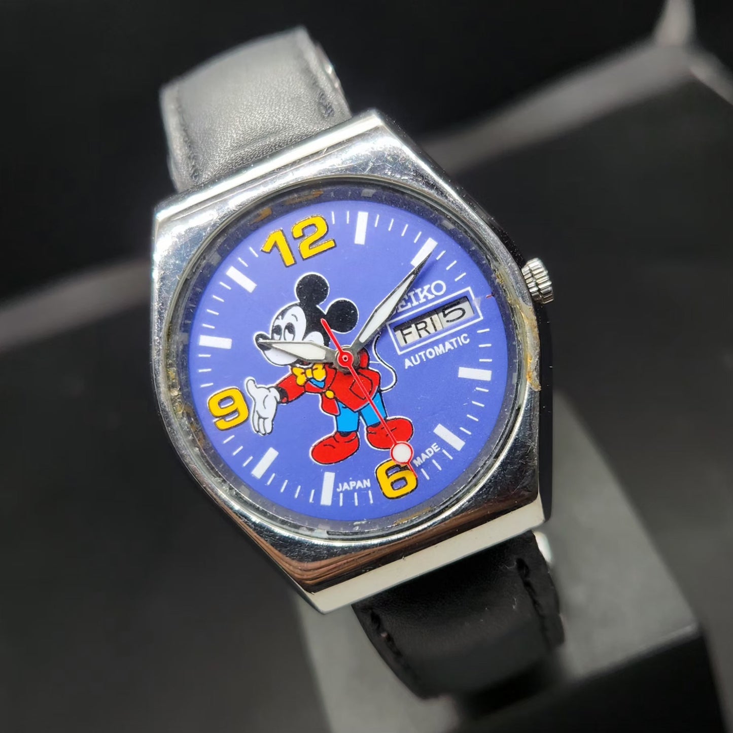 Vintage 1982 Original Seiko 5 Automatic 6309-563A Repainted Mickey Mouse Purple Face 17 Jewels Day-Date Japanese Men's Wrist Watch VS36