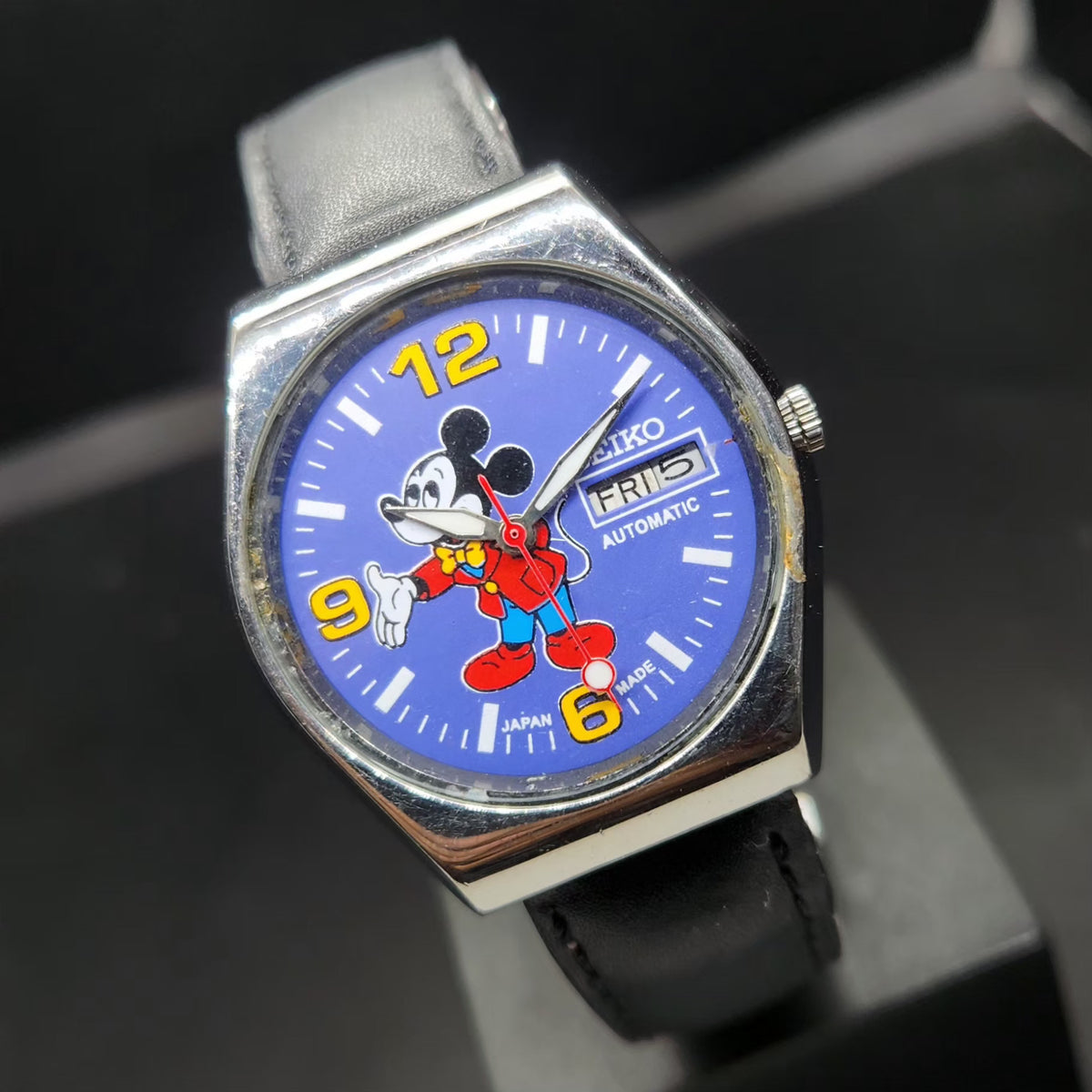 Vintage 1982 Original Seiko 5 Automatic 6309-563A Repainted Mickey Mouse Purple Face 17 Jewels Day-Date Japanese Men's Wrist Watch VS36