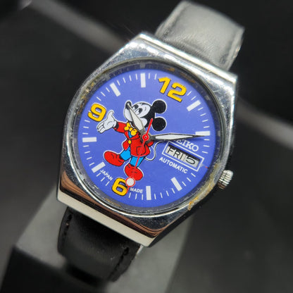 Vintage 1982 Original Seiko 5 Automatic 6309-563A Repainted Mickey Mouse Purple Face 17 Jewels Day-Date Japanese Men's Wrist Watch VS36