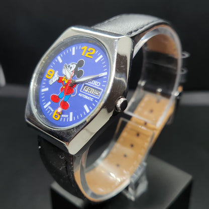 Vintage 1982 Original Seiko 5 Automatic 6309-563A Repainted Mickey Mouse Purple Face 17 Jewels Day-Date Japanese Men's Wrist Watch VS36