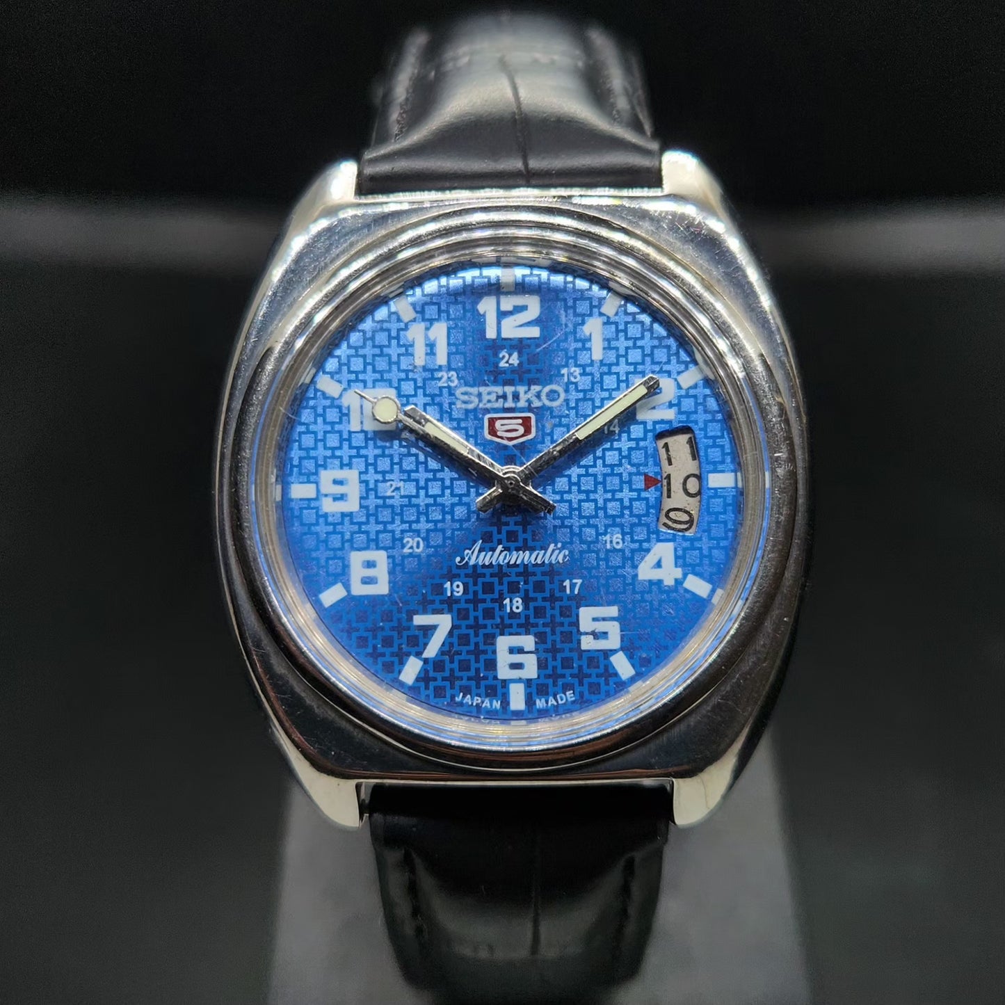 Vintage 1980 Original Seiko 5 Automatic 7009 Repainted Blue Face 17 Jewels Day-Date Japanese Men's Wrist Watch VS38