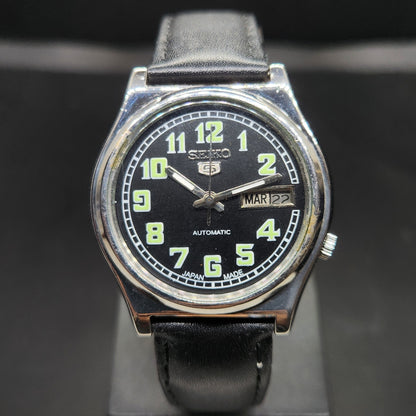 Vintage 2005 Original Seiko 5 Automatic 7S26-3040 Repainted Black Face 21 Jewels Day-Date Japanese Men's Wrist Watch VS43