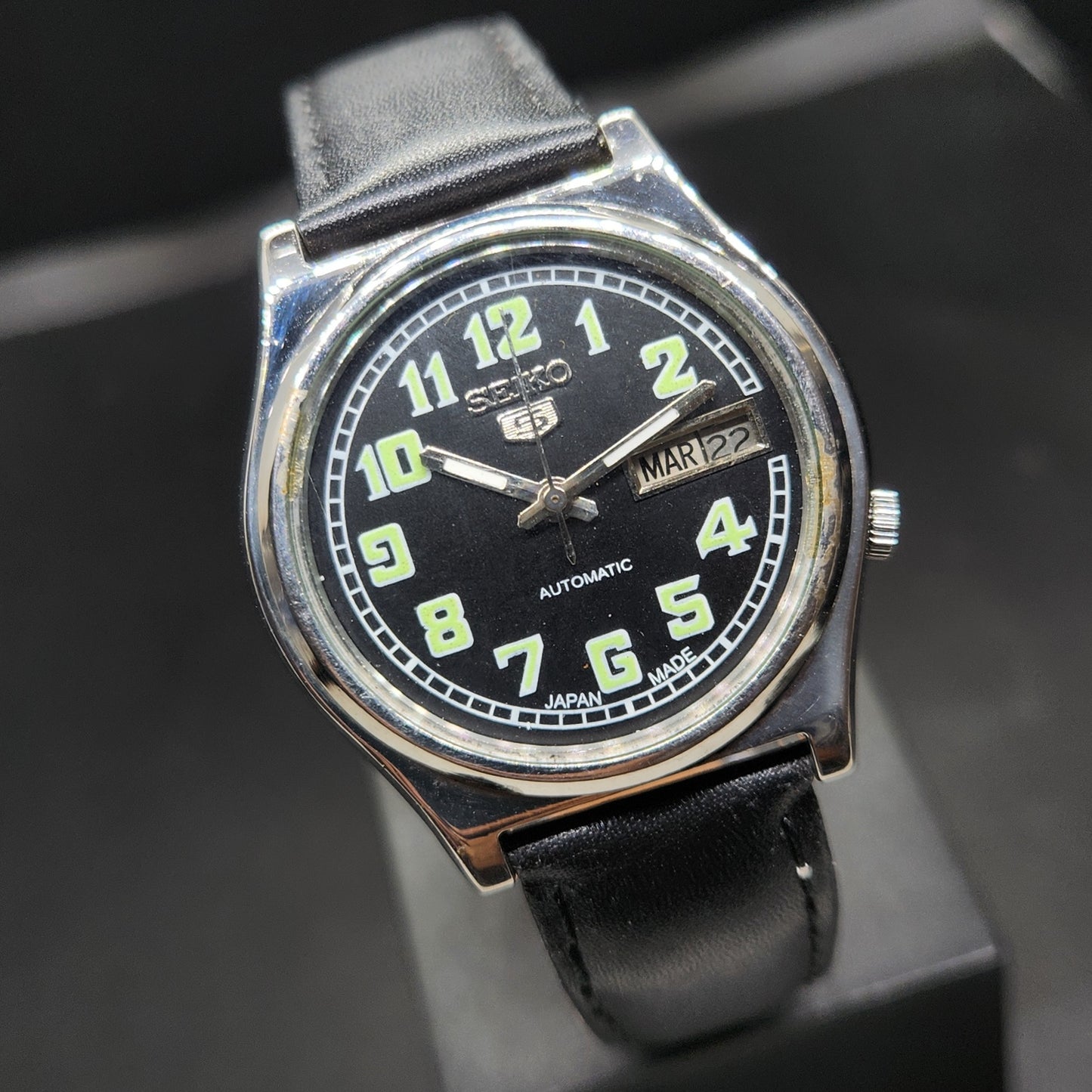Vintage 2005 Original Seiko 5 Automatic 7S26-3040 Repainted Black Face 21 Jewels Day-Date Japanese Men's Wrist Watch VS43