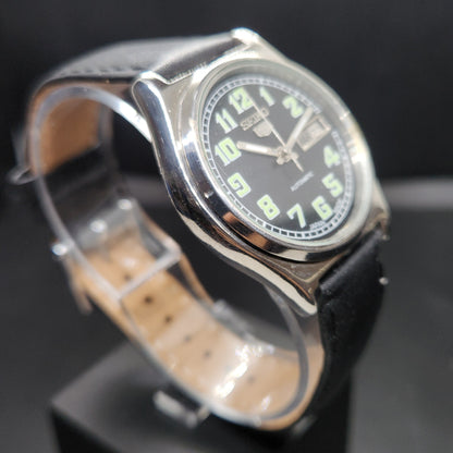 Vintage 2005 Original Seiko 5 Automatic 7S26-3040 Repainted Black Face 21 Jewels Day-Date Japanese Men's Wrist Watch VS43