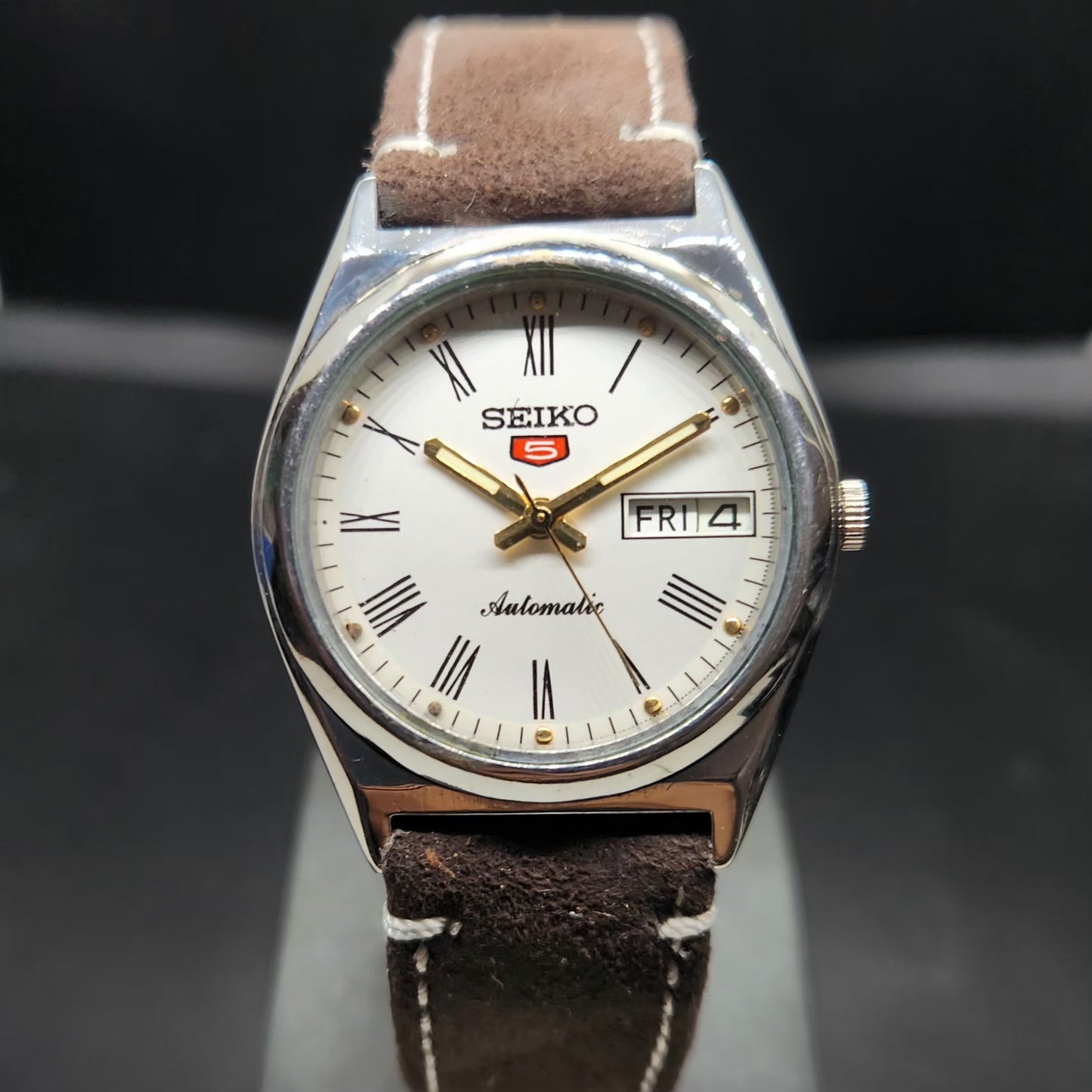 Vintage 1980 Original Seiko 5 Automatic 7S36 Repainted White Face 23 Jewels Day-Date Japanese Men's Wrist Watch VS44