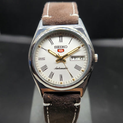 Vintage 1980 Original Seiko 5 Automatic 7S36 Repainted White Face 23 Jewels Day-Date Japanese Men's Wrist Watch VS44