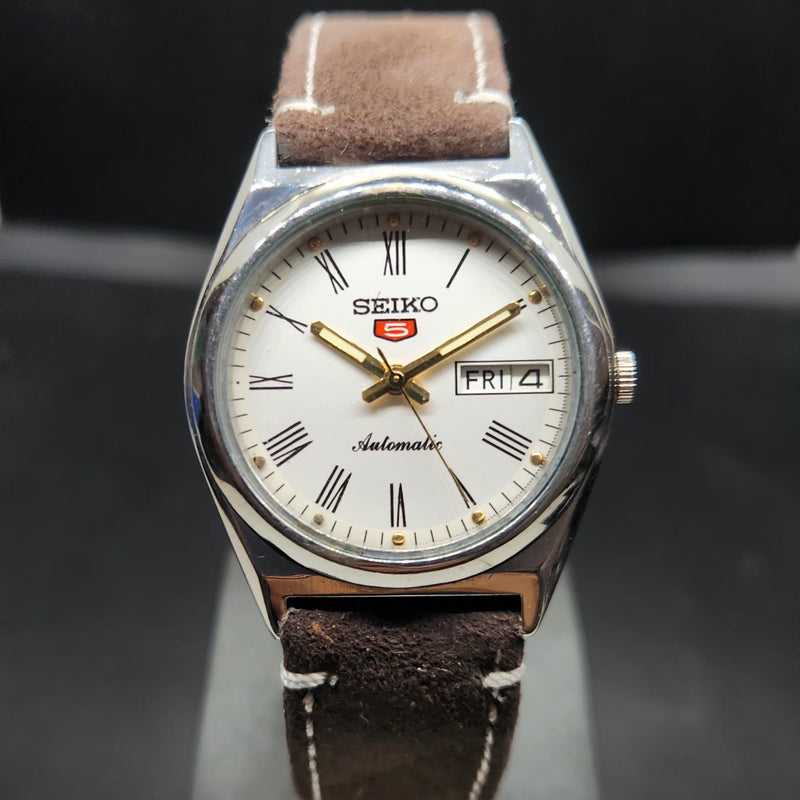 Vintage 1980 Original Seiko 5 Automatic 7S36 Repainted White Face 23 Jewels Day-Date Japanese Men's Wrist Watch VS44