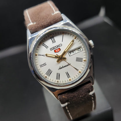 Vintage 1980 Original Seiko 5 Automatic 7S36 Repainted White Face 23 Jewels Day-Date Japanese Men's Wrist Watch VS44