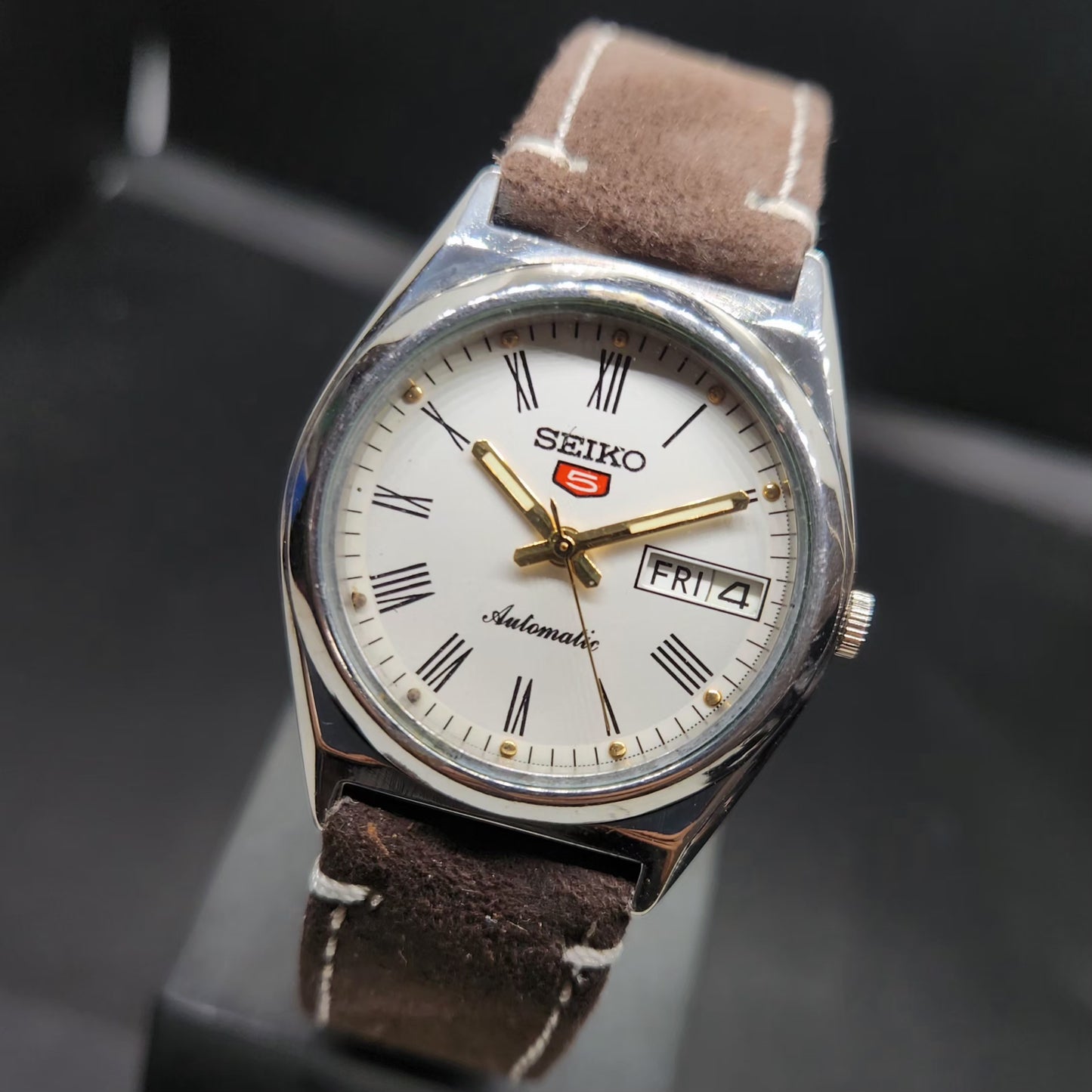 Vintage 1980 Original Seiko 5 Automatic 7S36 Repainted White Face 23 Jewels Day-Date Japanese Men's Wrist Watch VS44