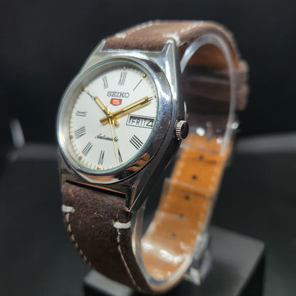 Vintage 1980 Original Seiko 5 Automatic 7S36 Repainted White Face 23 Jewels Day-Date Japanese Men's Wrist Watch VS44