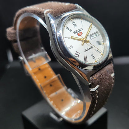 Vintage 1980 Original Seiko 5 Automatic 7S36 Repainted White Face 23 Jewels Day-Date Japanese Men's Wrist Watch VS44
