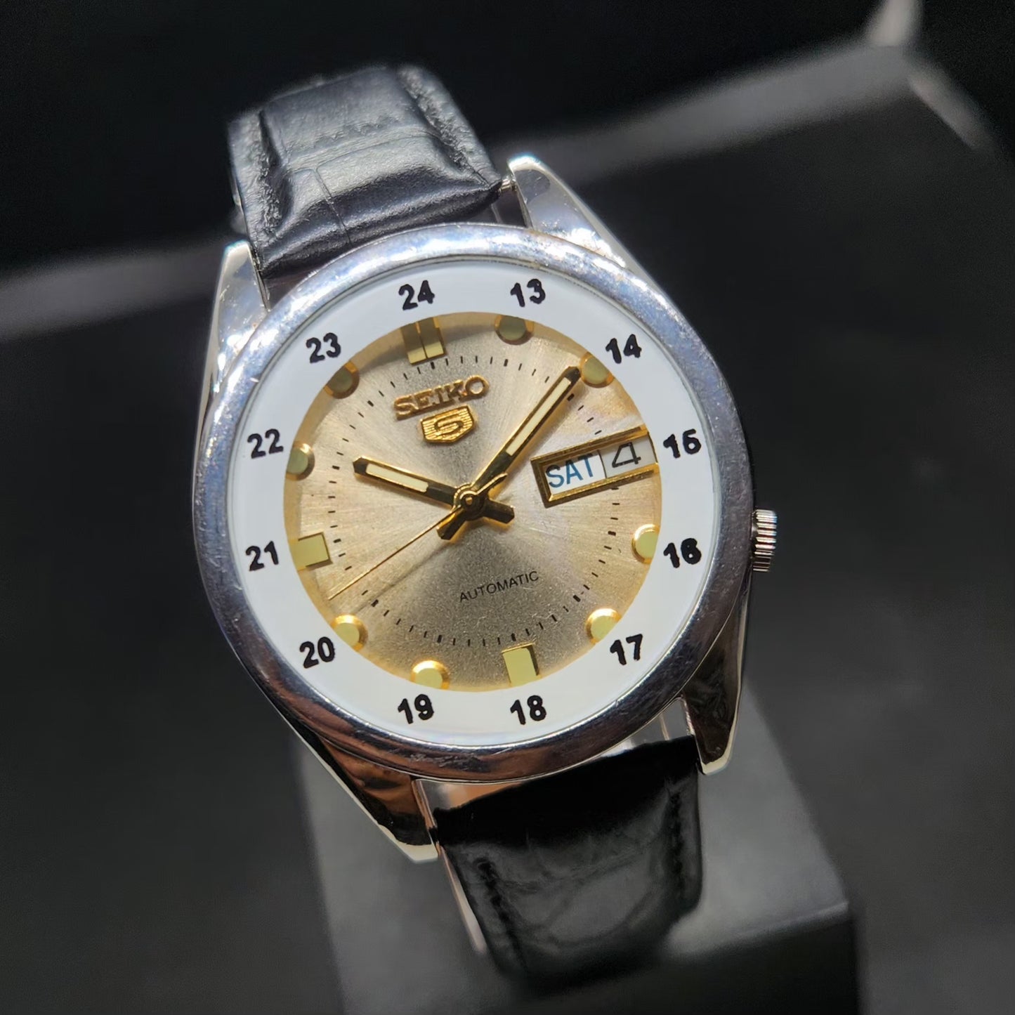 Vintage 1980 Original Seiko 5 Automatic 7S26 Repainted Gold Face 21 Jewels Day-Date Japanese Men's Wrist Watch VS50
