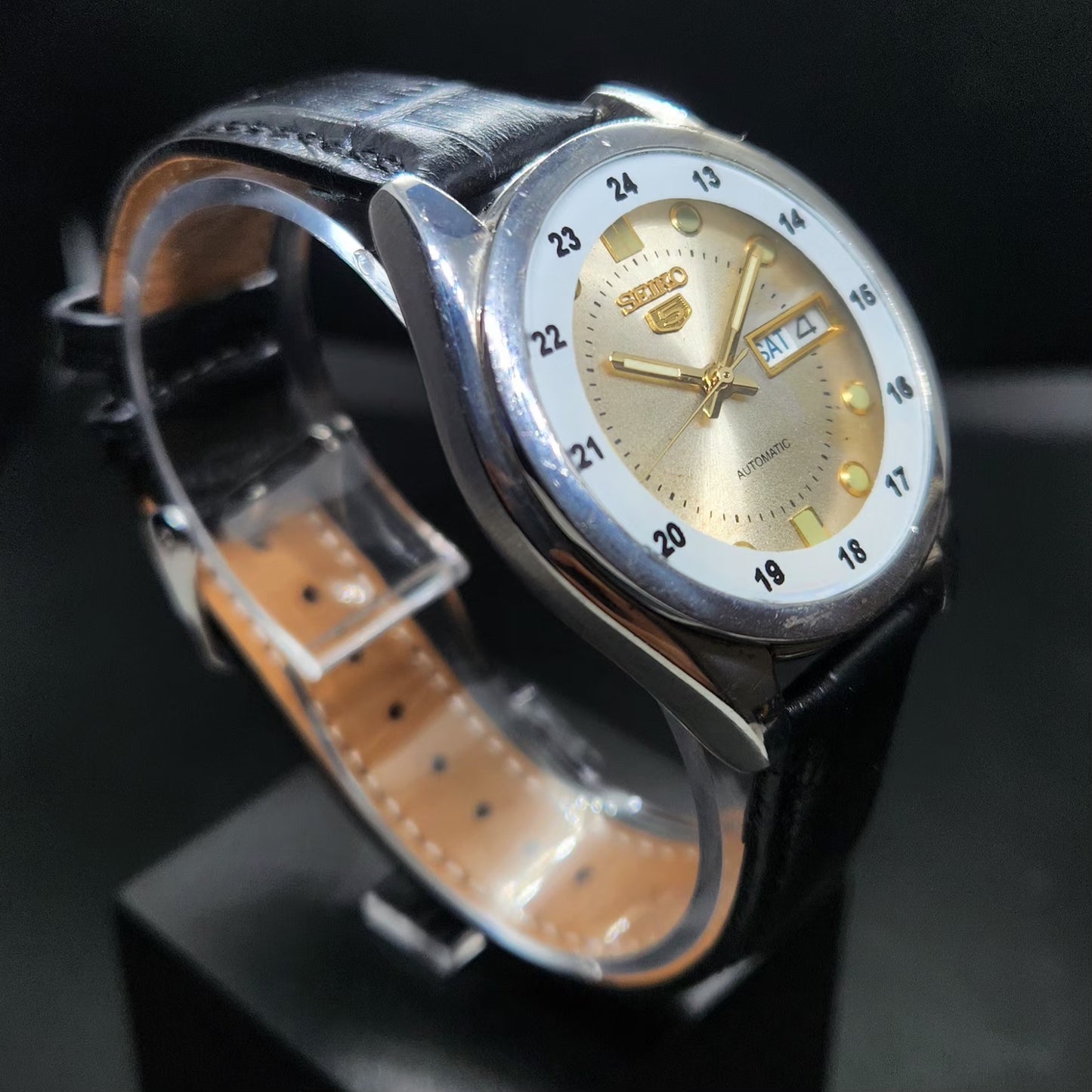 Vintage 1980 Original Seiko 5 Automatic 7S26 Repainted Gold Face 21 Jewels Day-Date Japanese Men's Wrist Watch VS50