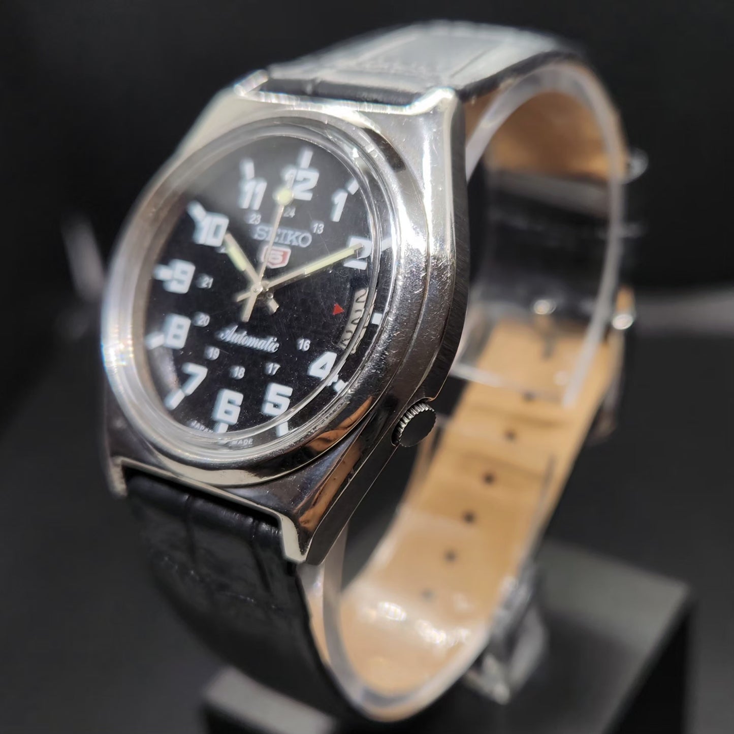 Vintage 1982 Original Seiko 5 Automatic 7009-8210 Repainted Black Face 17 Jewels Day-Date Japanese Men's Wrist Watch VS52