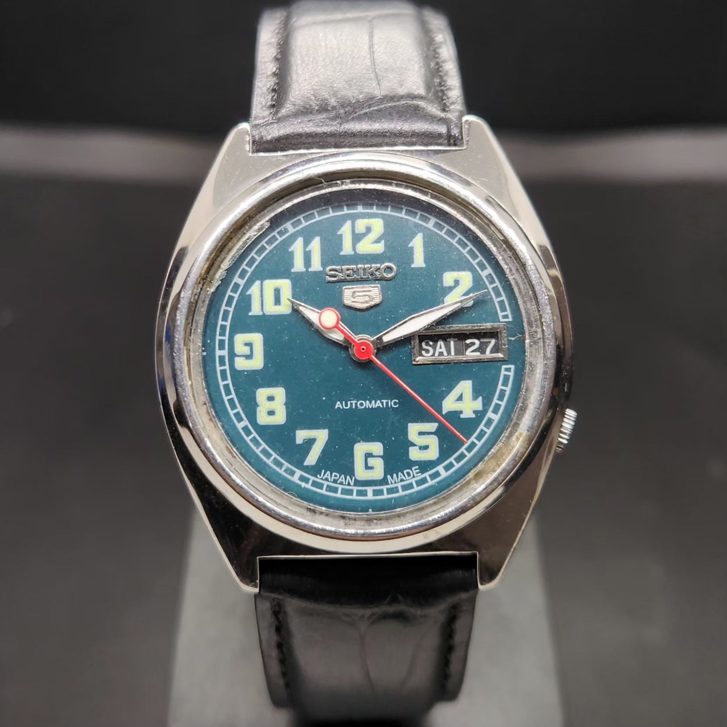 Vintage 1981 Original Seiko 5 Automatic 7009-5350 Repainted Green Face 17 Jewels Day-Date Japanese Men's Wrist Watch VS53