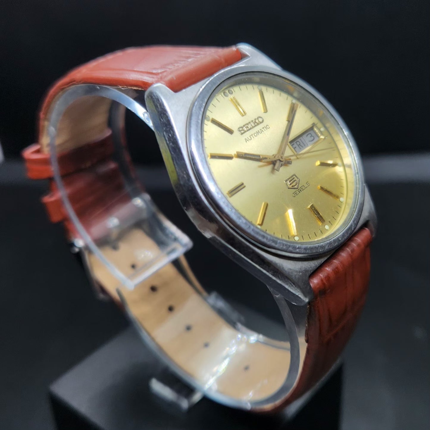 Vintage 1983 Original Seiko 5 Automatic 7009-6000 Gold Face 17 Jewels Day-Date Japanese Men's Wrist Watch VS60