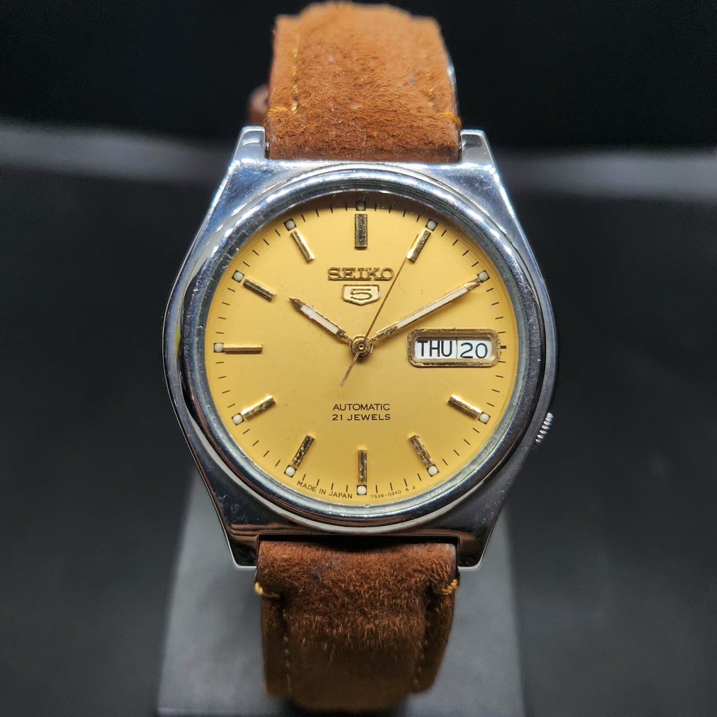 Vintage 1999 Original Seiko 5 Automatic 7s26-3170 Gold Face 17 Jewels Day-Date Japanese Men's Wrist Watch VS61