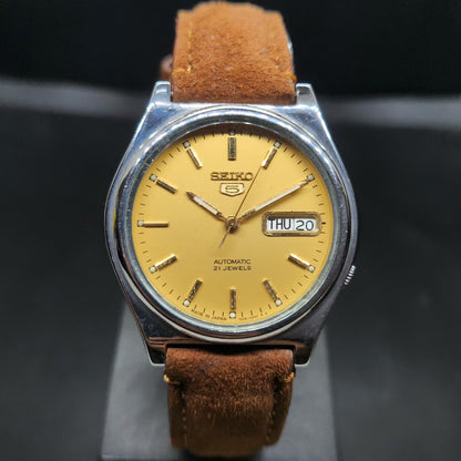 Vintage 1999 Original Seiko 5 Automatic 7s26-3170 Gold Face 17 Jewels Day-Date Japanese Men's Wrist Watch VS61