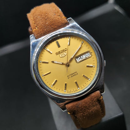 Vintage 1999 Original Seiko 5 Automatic 7s26-3170 Gold Face 17 Jewels Day-Date Japanese Men's Wrist Watch VS61