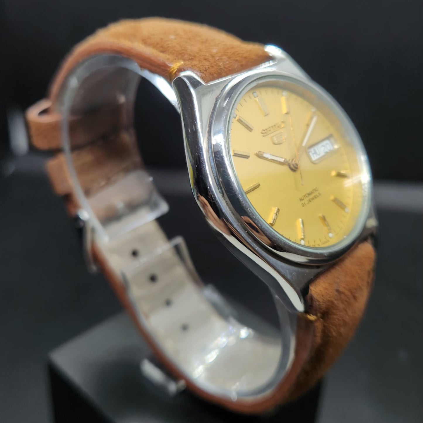 Vintage 1999 Original Seiko 5 Automatic 7s26-3170 Gold Face 17 Jewels Day-Date Japanese Men's Wrist Watch VS61