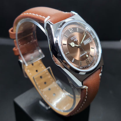 Vintage Mod Seiko 5 Automatic 17 Jewels Cal. 6309 Brown Face Brown Leather Band Day-Date Men's Wrist Watch VS65