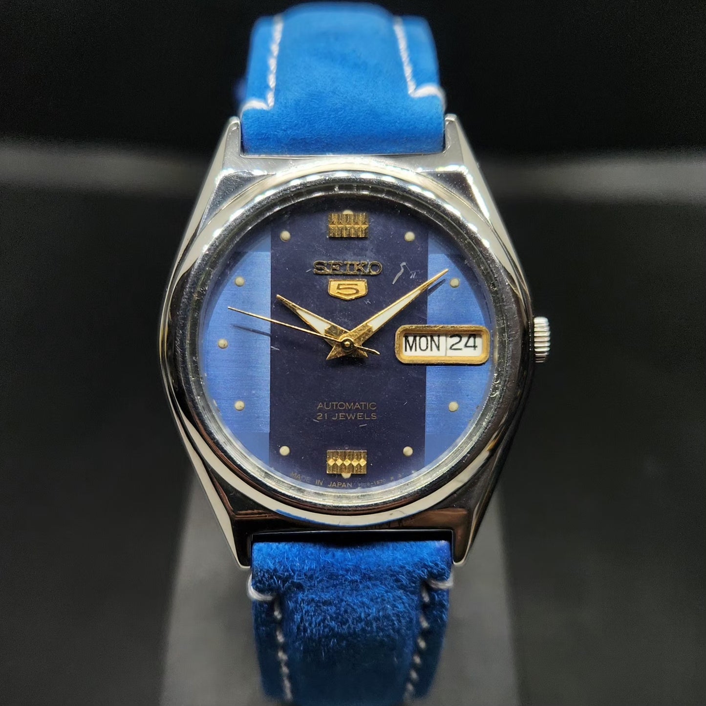 Vintage 1998 Original Seiko 5 Automatic 7s26-0070 Blue Face 21 Jewels Day-Date Japanese Men's Wrist Watch VS66
