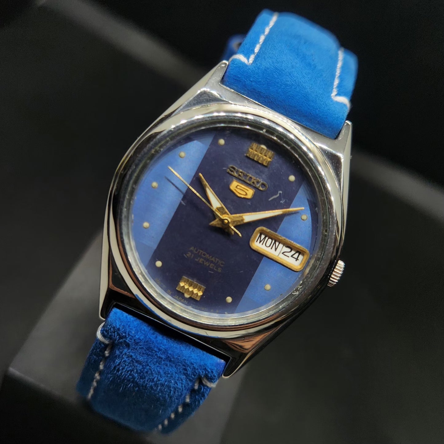 Vintage 1998 Original Seiko 5 Automatic 7s26-0070 Blue Face 21 Jewels Day-Date Japanese Men's Wrist Watch VS66