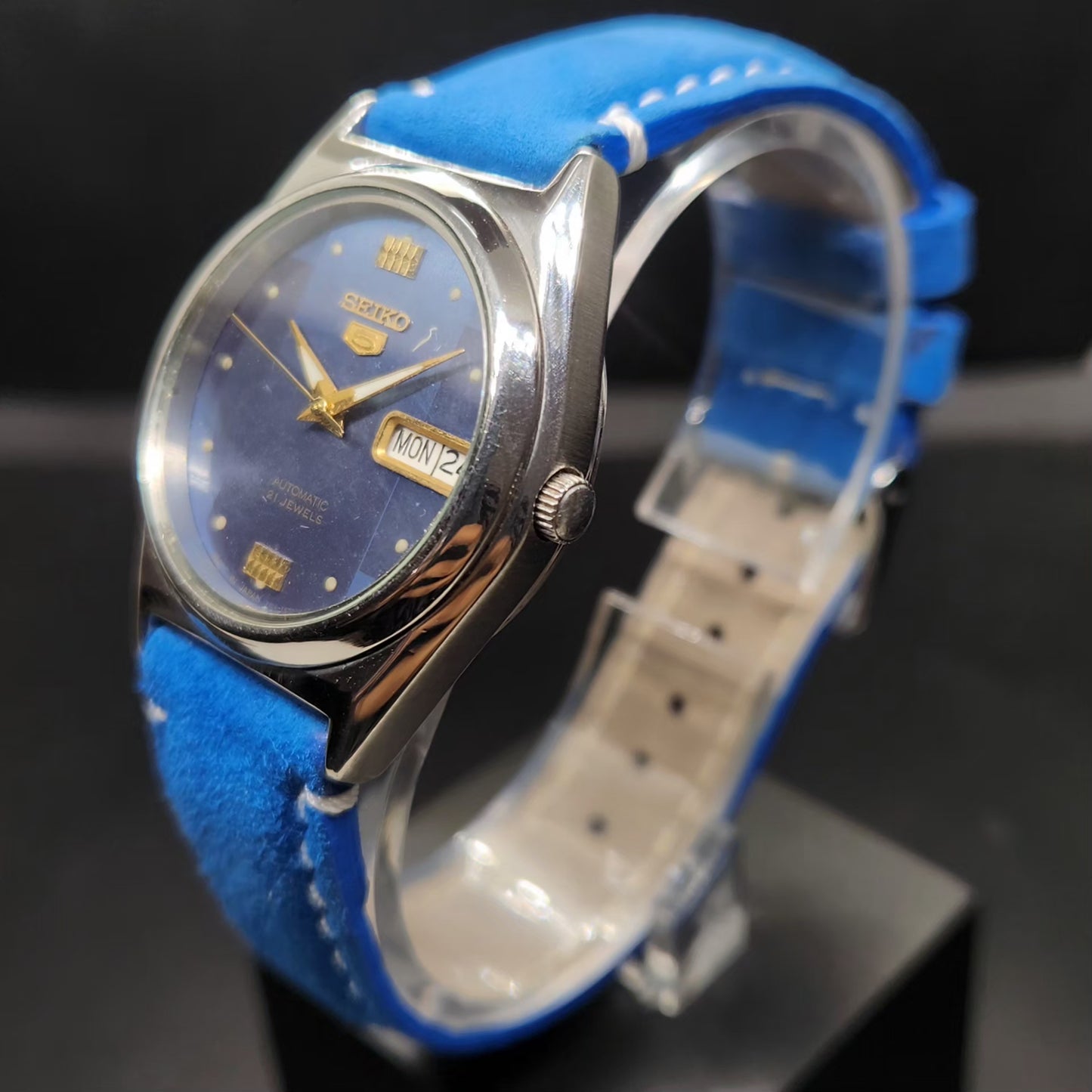Vintage 1998 Original Seiko 5 Automatic 7s26-0070 Blue Face 21 Jewels Day-Date Japanese Men's Wrist Watch VS66