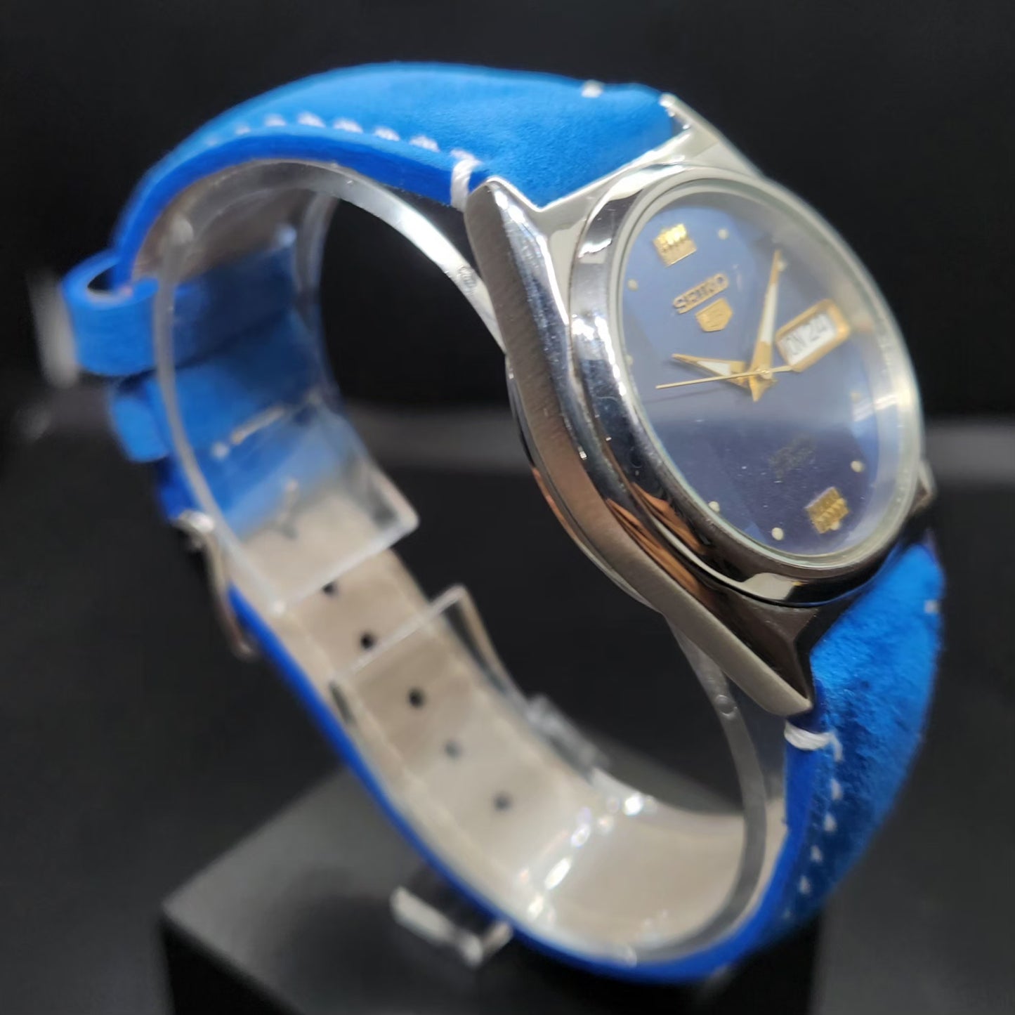 Vintage 1998 Original Seiko 5 Automatic 7s26-0070 Blue Face 21 Jewels Day-Date Japanese Men's Wrist Watch VS66