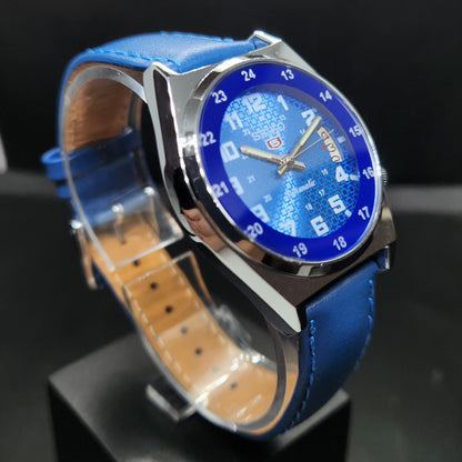 Vintage Mod Seiko 5 Automatic 17 Jewels Cal. 7009 Blue Face Blue Leather Band Date Men's Wrist Watch VS77