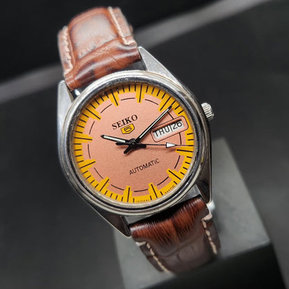 Vintage 1984 Original Seiko 5 Automatic 6349-549A Repainted Peach Face 23 Jewels Day-Date Japanese Men's Wrist Watch VS78