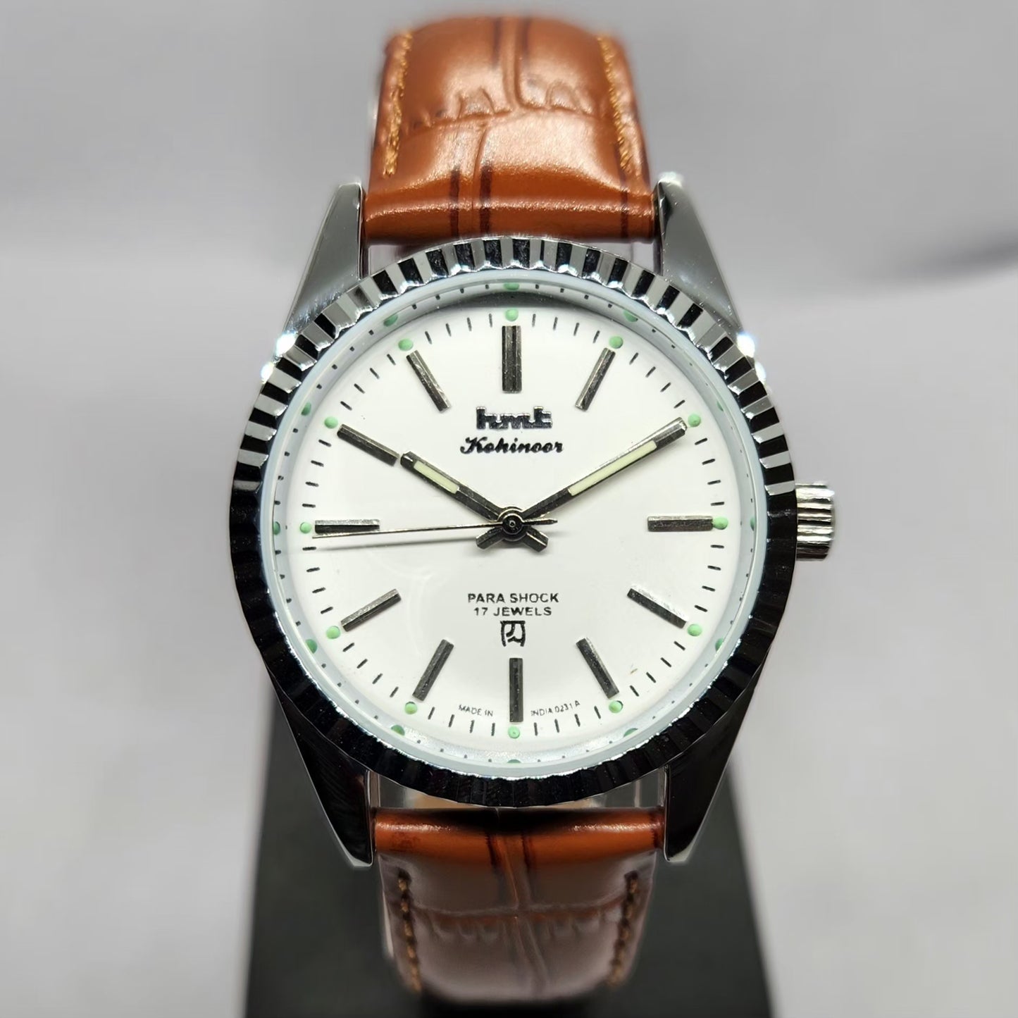 Vintage MOD HMT Kohinoor Hand Winding Fluted Bazel White Face Brown Strap Men's Wrist Watch