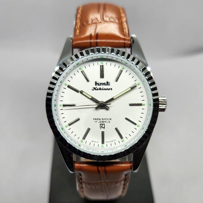 Vintage MOD HMT Kohinoor Hand Winding Fluted Bazel White Face Brown Strap Men's Wrist Watch
