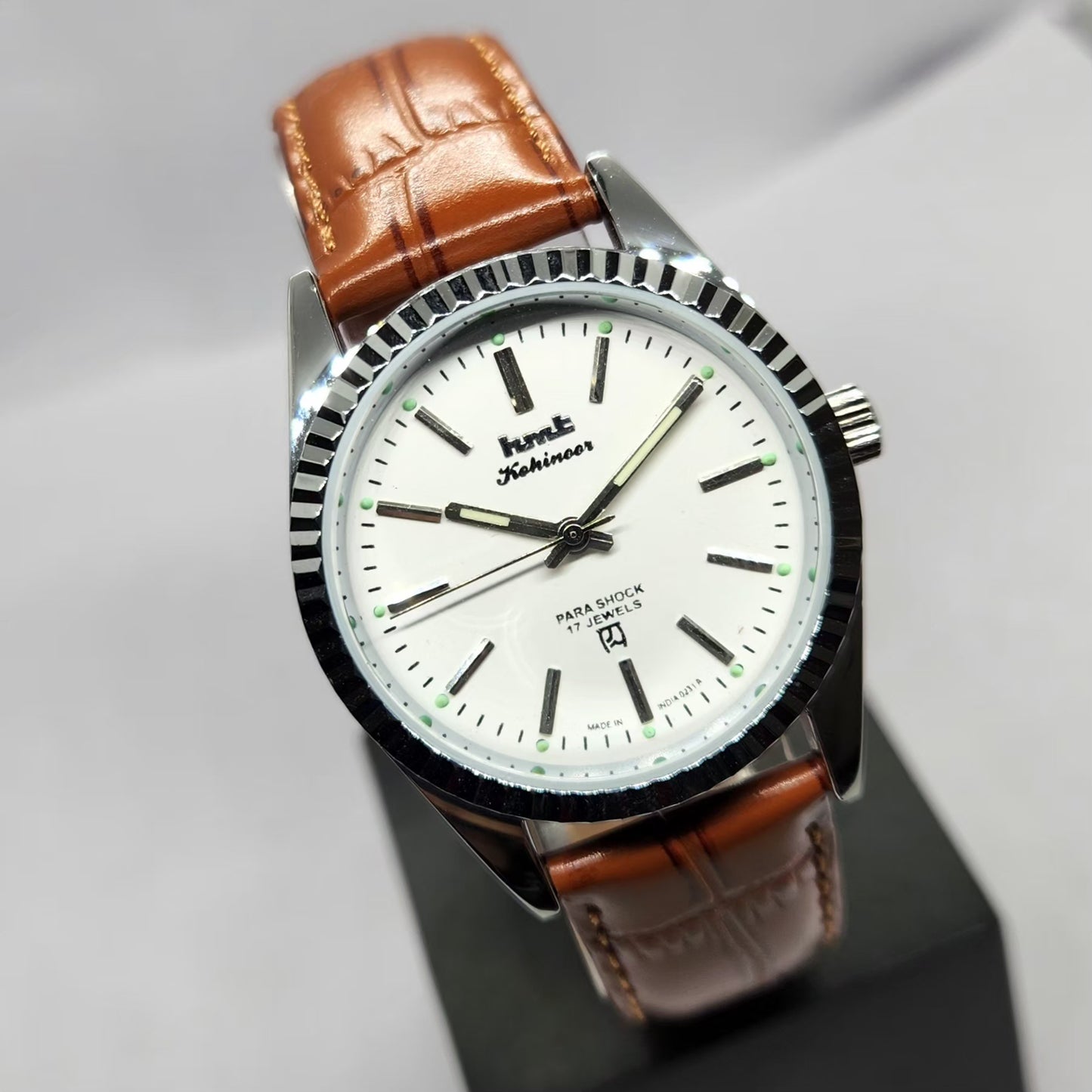 Vintage MOD HMT Kohinoor Hand Winding Fluted Bazel White Face Brown Strap Men's Wrist Watch