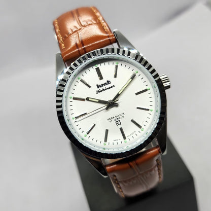 Vintage MOD HMT Kohinoor Hand Winding Fluted Bazel White Face Brown Strap Men's Wrist Watch