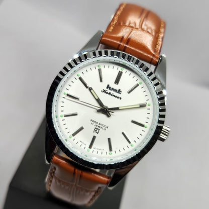 Vintage MOD HMT Kohinoor Hand Winding Fluted Bazel White Face Brown Strap Men's Wrist Watch