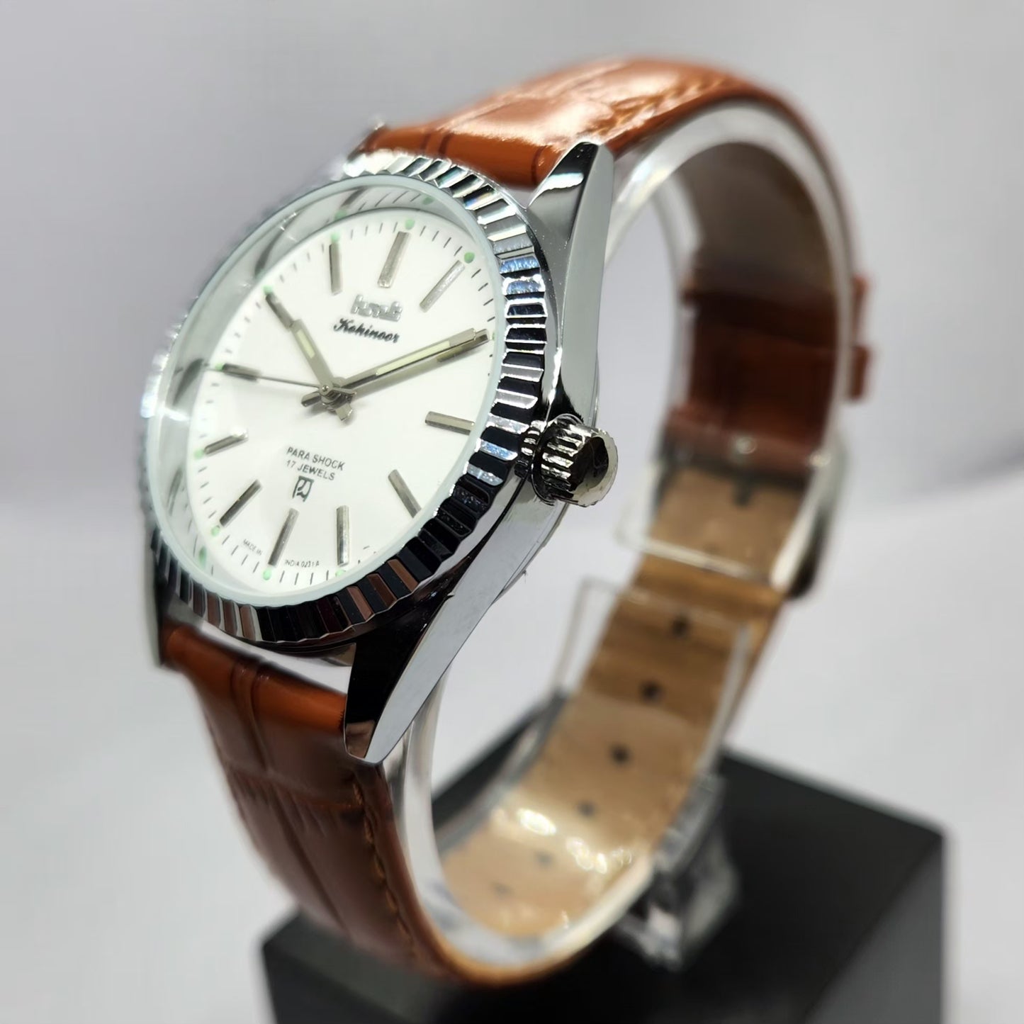 Vintage MOD HMT Kohinoor Hand Winding Fluted Bazel White Face Brown Strap Men's Wrist Watch