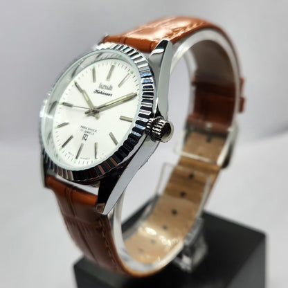 Vintage MOD HMT Kohinoor Hand Winding Fluted Bazel White Face Brown Strap Men's Wrist Watch