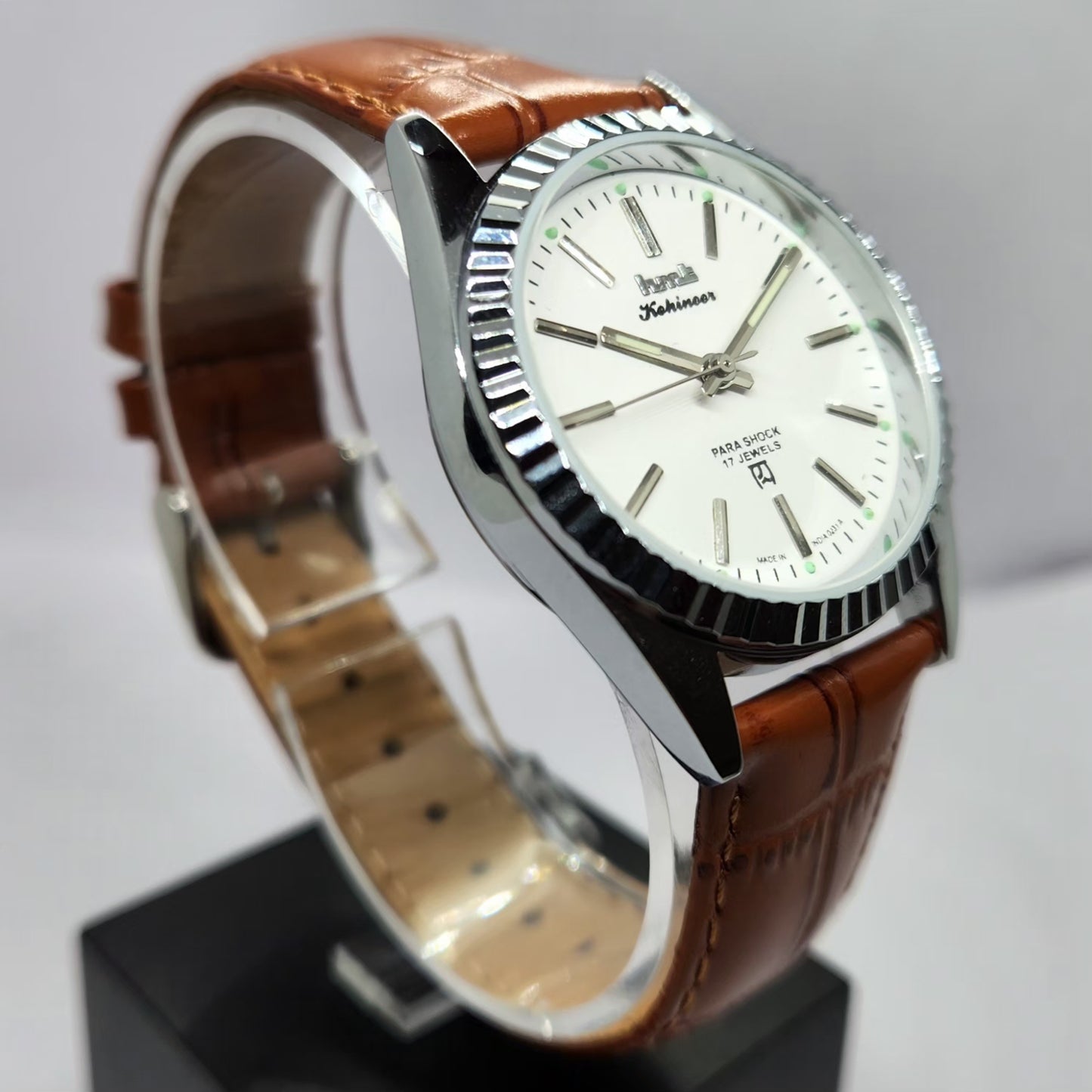 Vintage MOD HMT Kohinoor Hand Winding Fluted Bazel White Face Brown Strap Men's Wrist Watch