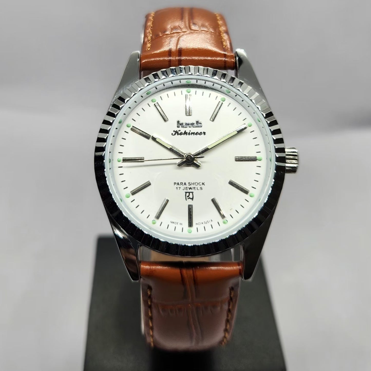Vintage MOD HMT Kohinoor Hand Winding Fluted Bazel White Face Brown Strap Men's Wrist Watch